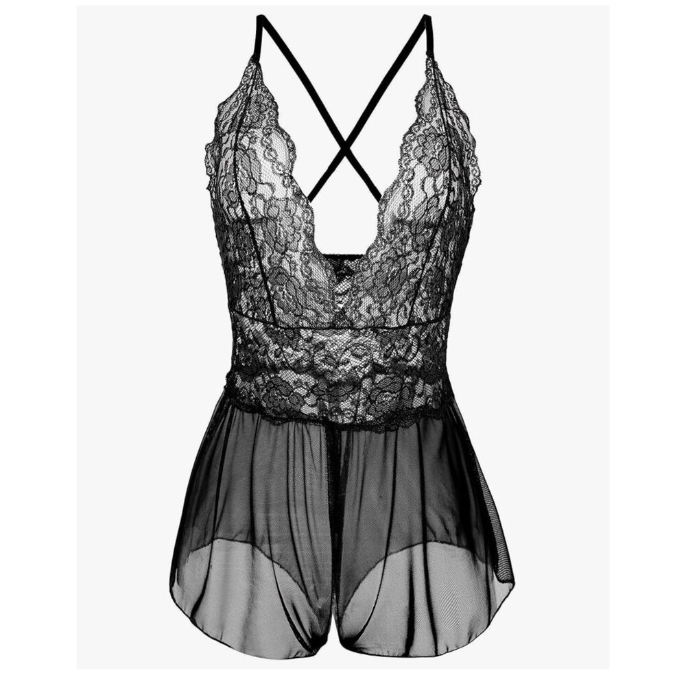 Lingerie Size L Babydoll Romper Black Lace Crotchless Deep V-Neckline Sexy Goth